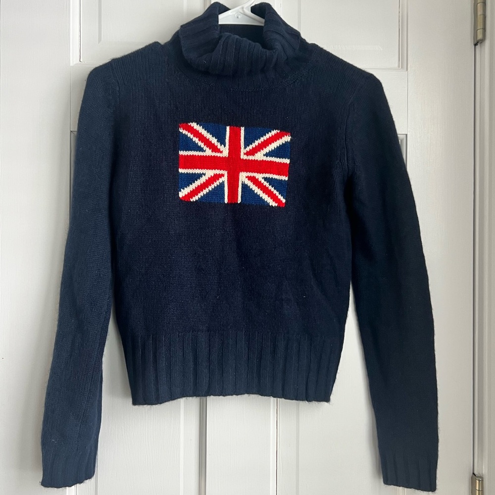 100% Cashmere Navy Blue Sweater with Union Jack Design